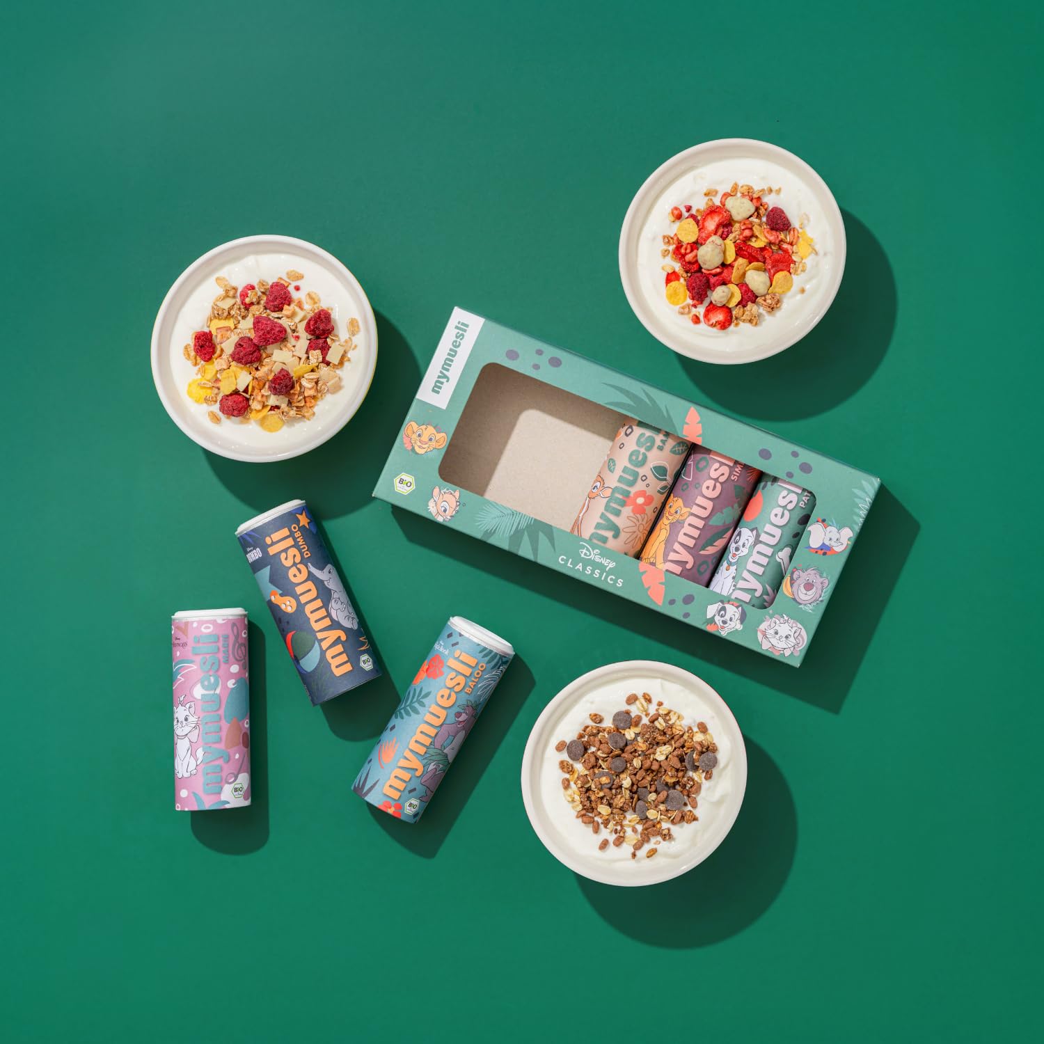 mymuesli Bio Disney Müsli Set (4 Sorten + 6er Geschenkbox) – Zuckerarmes Kinder Bundle mit Morning Princess, Erdbeerzauber, Schoko-Himbeer & Guten Morgen Löwe – Bio Frühstückscerealien, palmölfrei