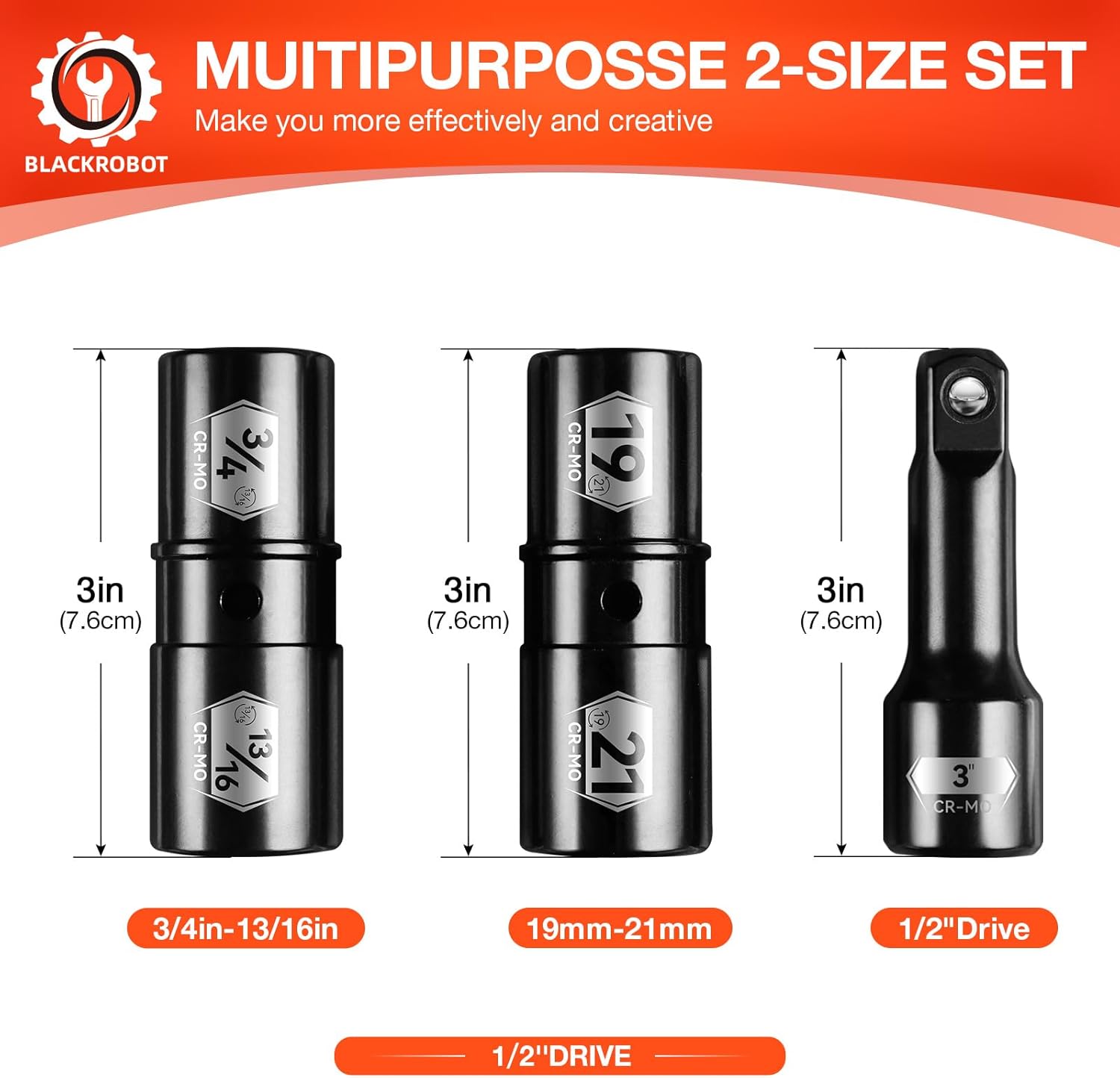 BLACKROBOT 1/2 Inch Drive Impact Socket Set, Double Sided Lug Nut Flip Socket Set, CR-MO Steel,3 Pieces, Metric 19-21 mm & SAE 3/4-13/16 Inch, with 3-Inch Extension Bar