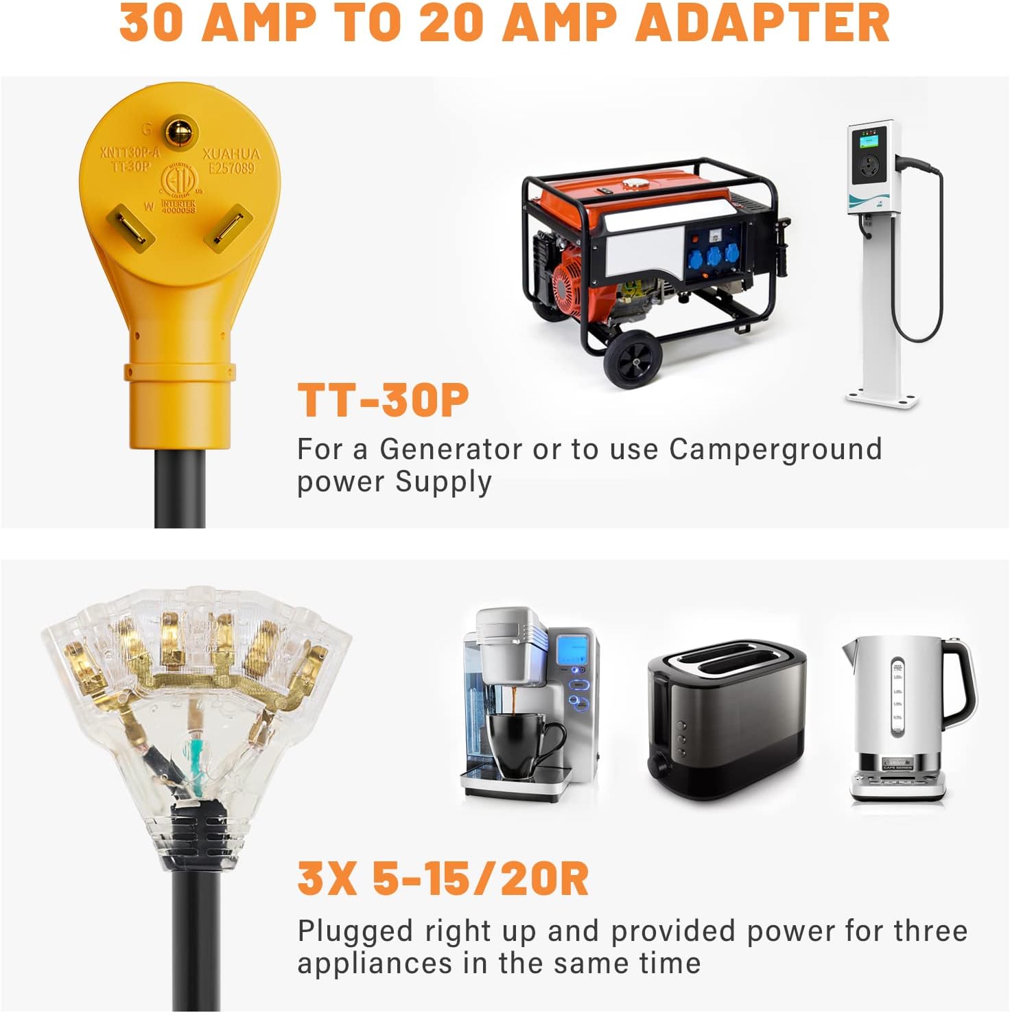 MECMO 30 Amp to 20 Amp 110V RV Distribution Adapter NEMA TT-30P Male to 3X 5-15R/5-20R, 30 Amp RV Adapter Cord TT-30P to L5-30R RV Power Adapter Cord