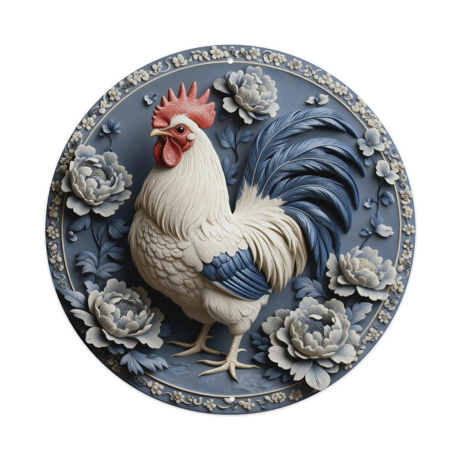 Zlatcbu Vintage White Rooster Blue Peony Art Metal Tin Sign Retro Wall Art Poster, Decor For Home Living Room Bar Cafe Garage, 8X8 Inch