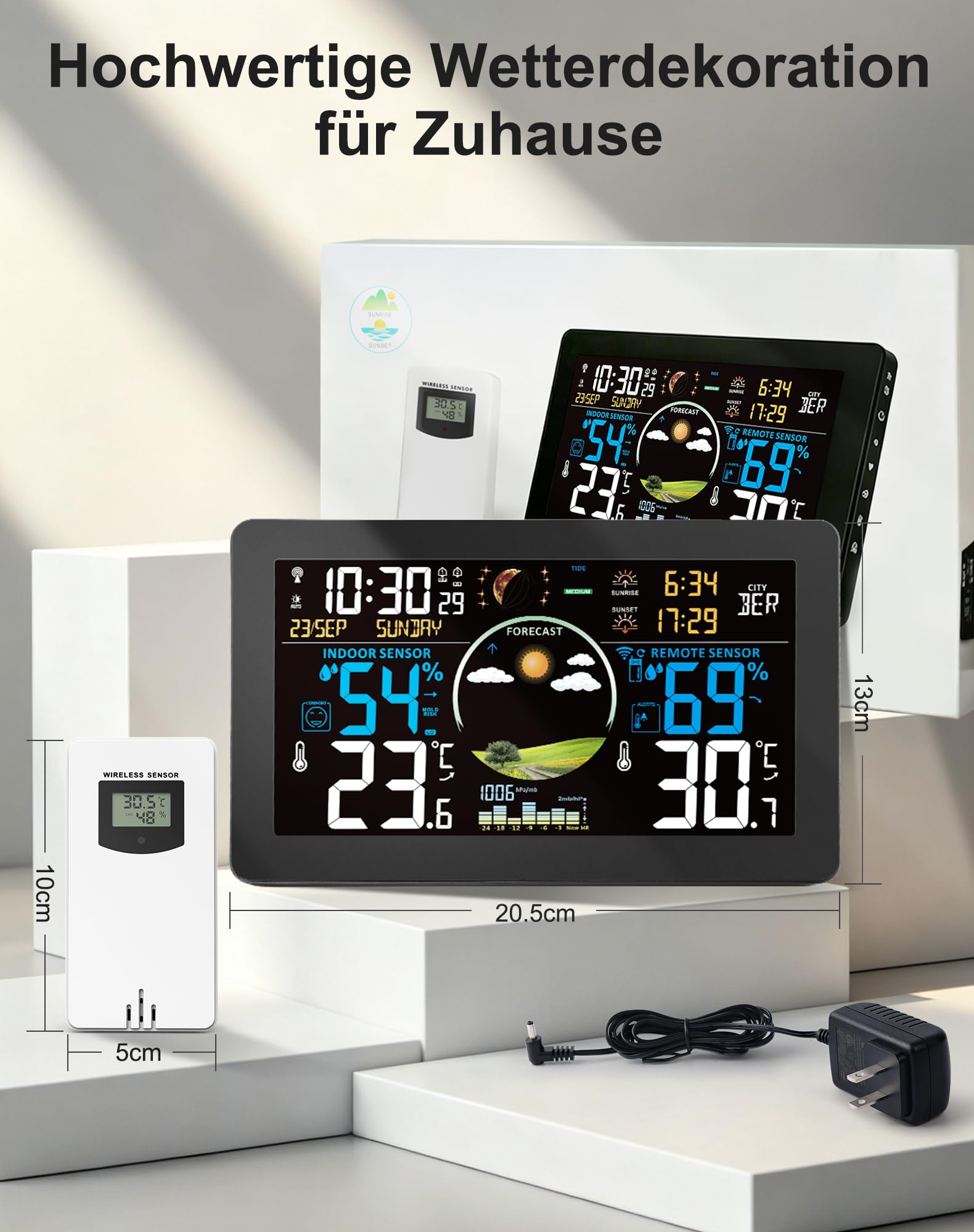 VIFLYKOO Wetterstation Funk mit Außensensor, Thermometer & Hygrometer, Wettervorhersage, Luftdruck, DCF Funkuhr, VA-Display, Batterie- & Netzbetrieb, für Innen & Außen, Schwarz