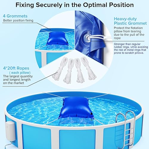 Miniatura 5 de Almohada de piscina resistente de 4 x 4 pies con cuerdas de 4 x 20 pies, almohadas de PVC de 0.016 in de grosor para invierno con válvula de inflado