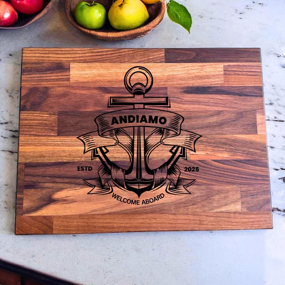 Engraved nautical cutting board anchor - Boating gifts for couple - Personalized boat themed gifts for sailor