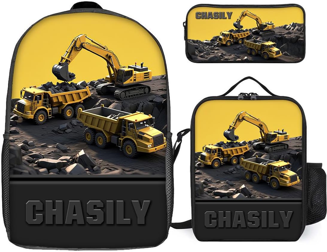 Personalized Excavator Backpack Custom Name 3Pcs Engineering Vehicle Themed Daypack Travel Casual Back Pack Gift Men Women Car Lover Birthday Xmas (S 02)