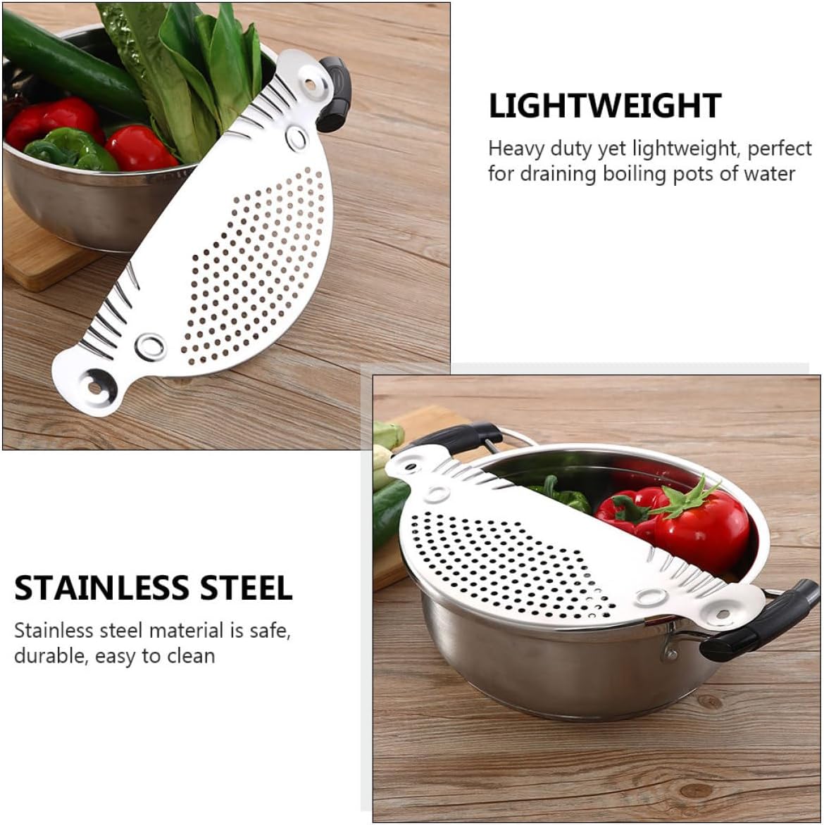TIDTALEO 2pcs Stainless Steel Kitchen Colander with Handle, Semicircle Pot Strainer for Washing Vegetables and Draining Pasta, Sturdy Food Strainer for Home Cooking and Sink Use