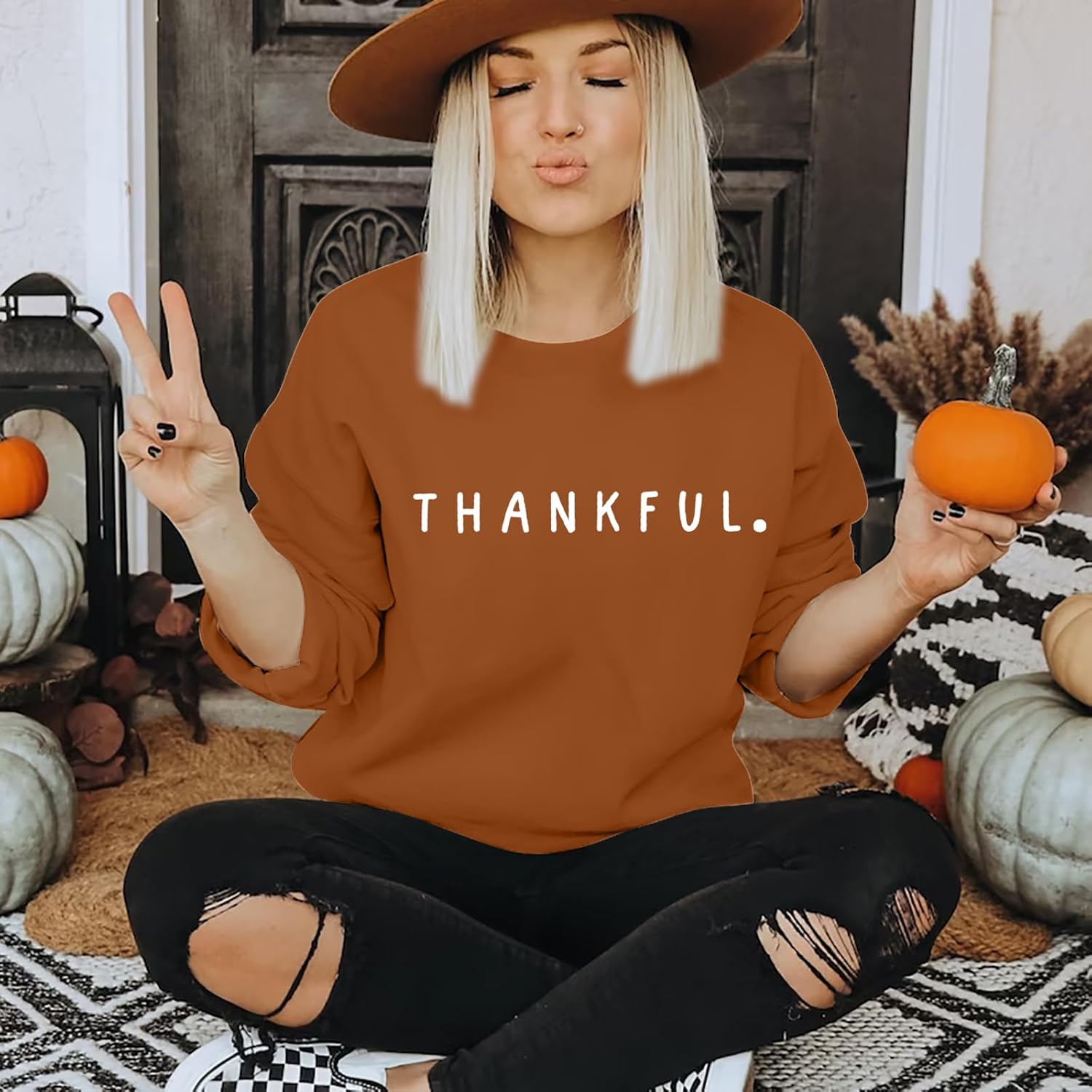 Thanksgiving Sweatshirts for Women Thankful Letter Print Pullover Long Sleeve Gift Fall Shirts Tops Blouse - Image 4