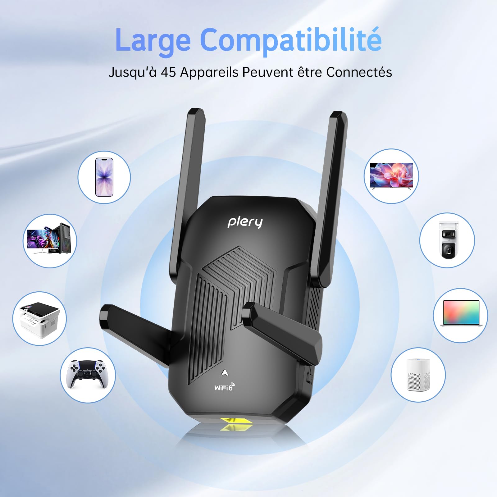 Repeteur WiFi Amplificateur WiFi Puissant Répéteur WiFi 6 AX1500 Double Bande 2.4G et 5G avec Port Ethernet, WPS, WPA3, 4 Antennes WiFi Repeater Compatible avec Toutes Les Box Internet