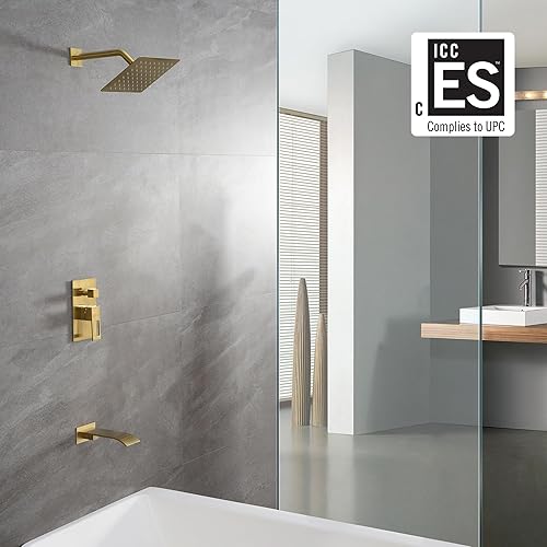 Miniatura 2 de sumerain Juego de grifo de ducha y bañera de montaje en pared, dorado cepillado con cabezal de ducha de 8 pulgadas, boquilla de bañera en cascada y