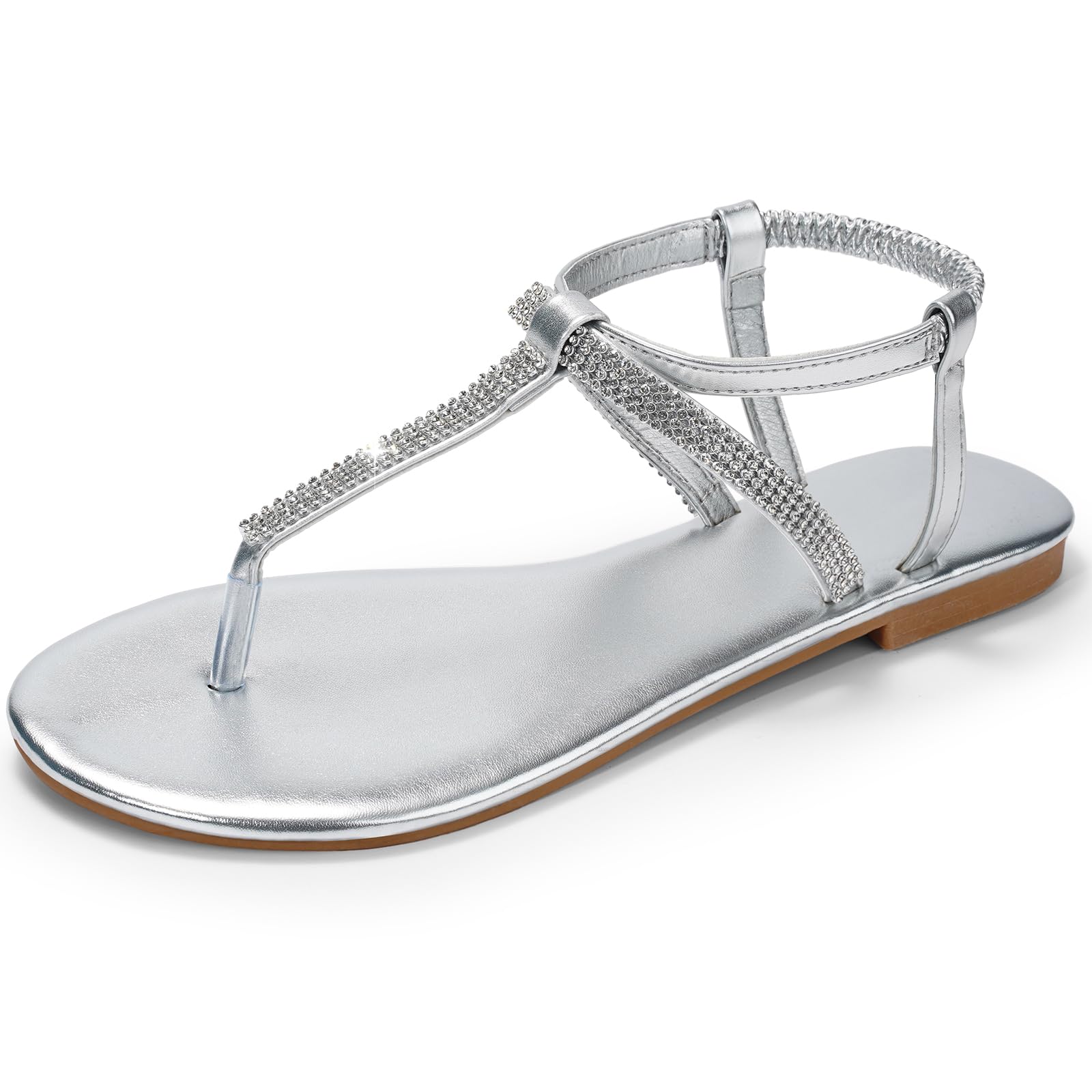Harvest Land Women's Sandals Dressy T Strap with Rhinestone Sparkly Wedding Flat Sandals Ankle Strap Summer Gladiator Fash...