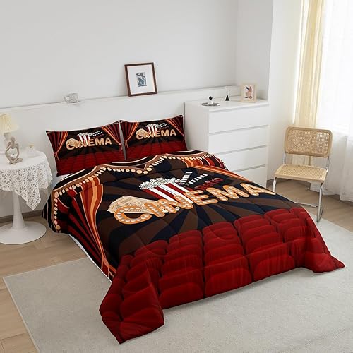 Miniatura 2 de Juego de edredón de película, tamaño Queen, juego de ropa de cama de película de palomitas de maíz, retro, cine rojo, negro, edredón de plumón de