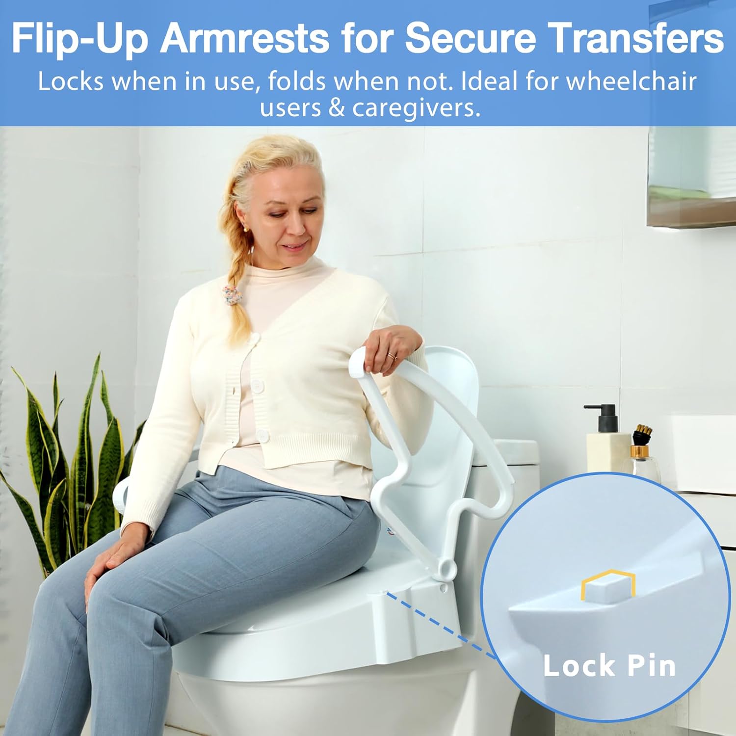 A person demonstrating the flip-up armrests on the toilet seat riser.