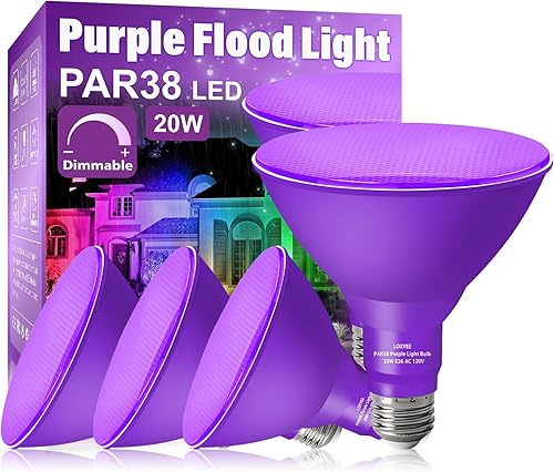 PAR38 - Bombilla de luz morada, paquete de 4 unidades, regulable, base E26, luz de inundación morada para exteriores (20 W de reemplazo a 200 W),