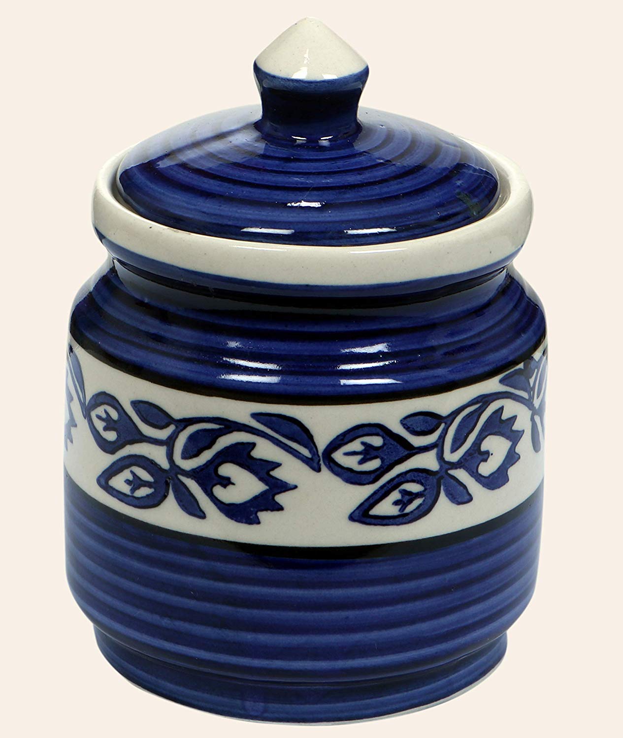 RAJ Royal Hand Painted Ceramic Cornichon Storage Jar, Dry Items White Pottery Dry Food Storage Container Donga with Lid for Kitchen, Home - Multipurpose Storage Canister (2 Kg, 1 Piece, Blue) - Image 2 thumbnail