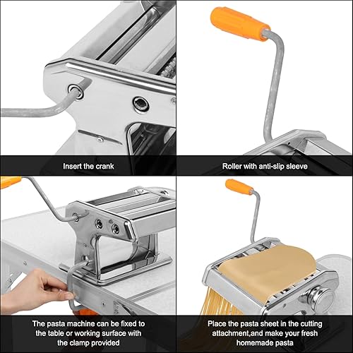 Miniatura 10 de Ochine Máquina para hacer pasta, rodillo de acero inoxidable, manual de manivela, máquina de pasta, 6 ajustes de grosor ajustables, cortador de
