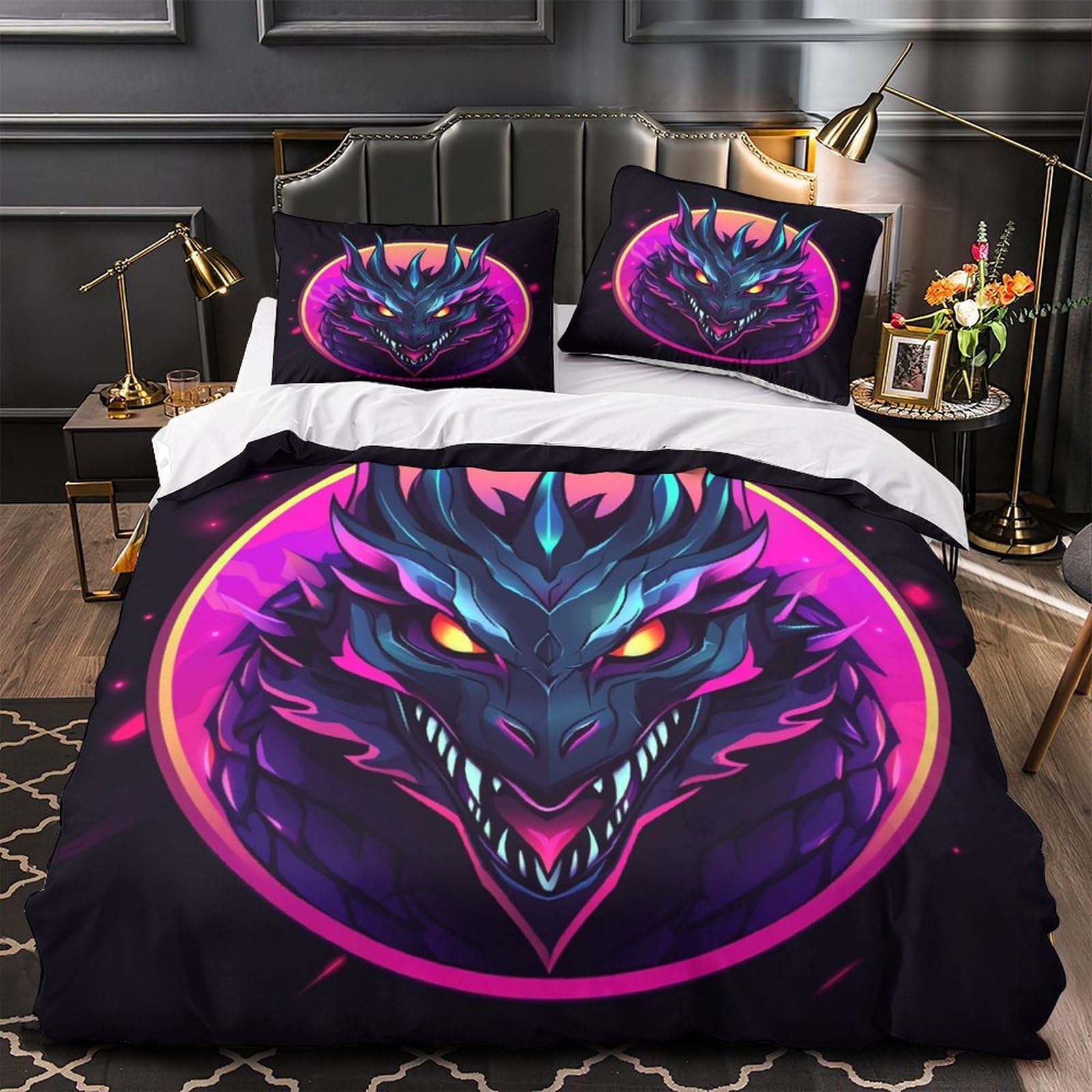 Housse de couette dragon 3D en microfibre 140x200 cm avec 2 taies d'oreiller pour lit simple
