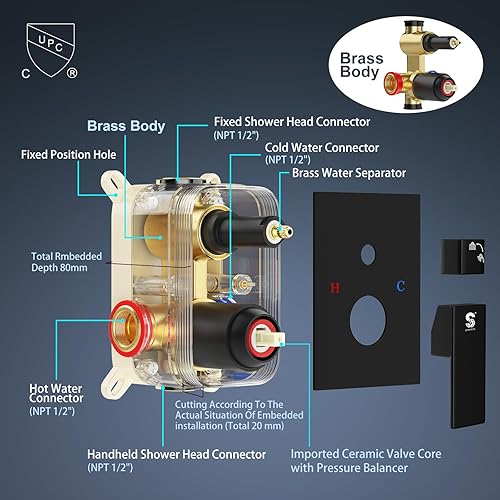 Miniatura 5 de SR SUN RISE Grifo de ducha de barra deslizante de 12 pulgadas, cabezales de ducha de alta presión de lujo y rociador de mano, sistema de ducha Mate
