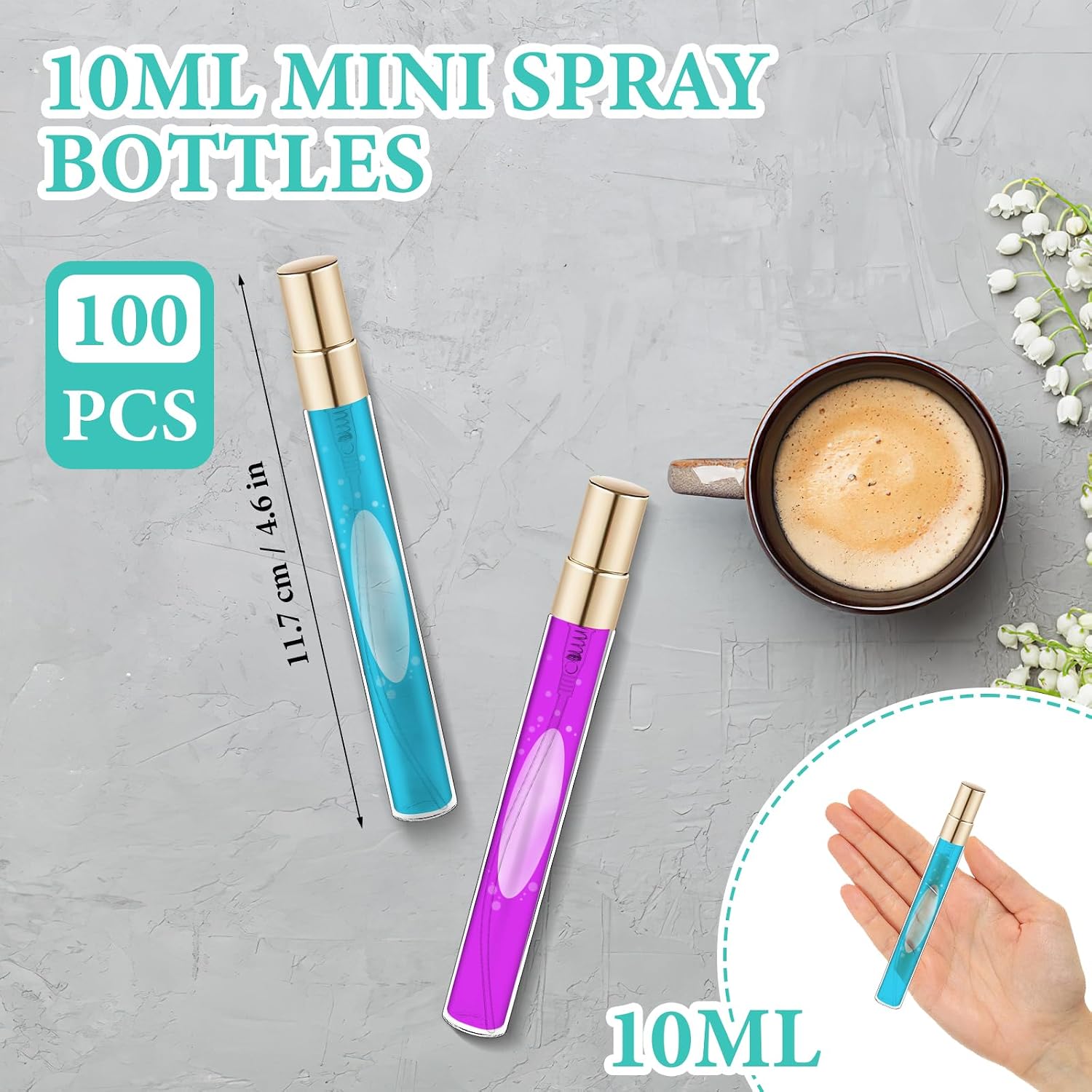 100 Pcs 10ml/0.34oz Mini Spray Bottle Bulk,Glass Refillable Fine Mist Perfume Atomizer Clear Empty Sample Spray Bottles Containers with Golden Lids Portable for Travel Essential Oils Cosmetics Liquid