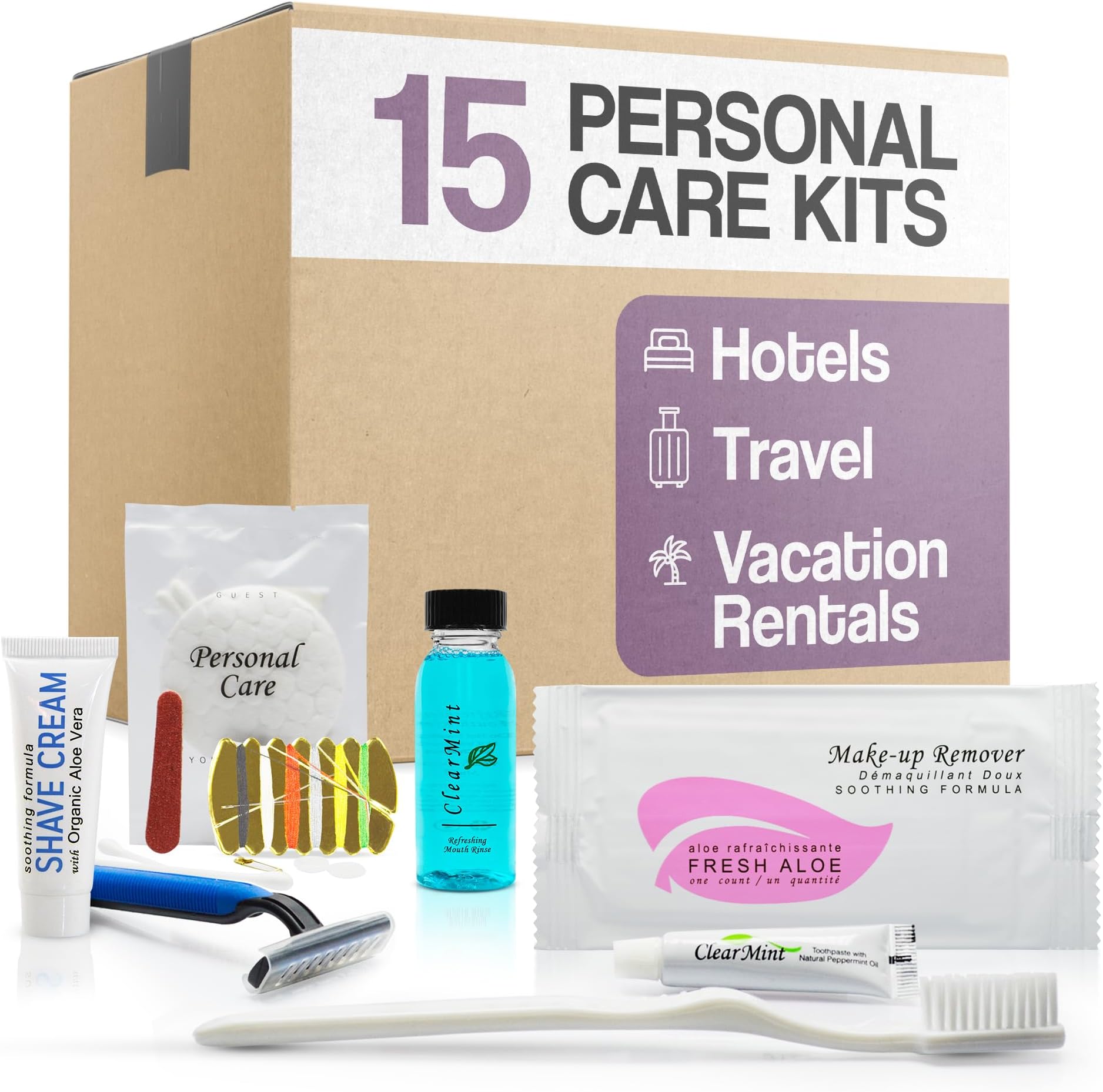 Personal Care Travel Toiletries | 1-Shoppe Amenities Kit | Travel Shaving Set, Toothbrush & Paste, Mouthwash, Makeup Wipes, Swabs, Nail File & Sewing Kit | 75 Pieces