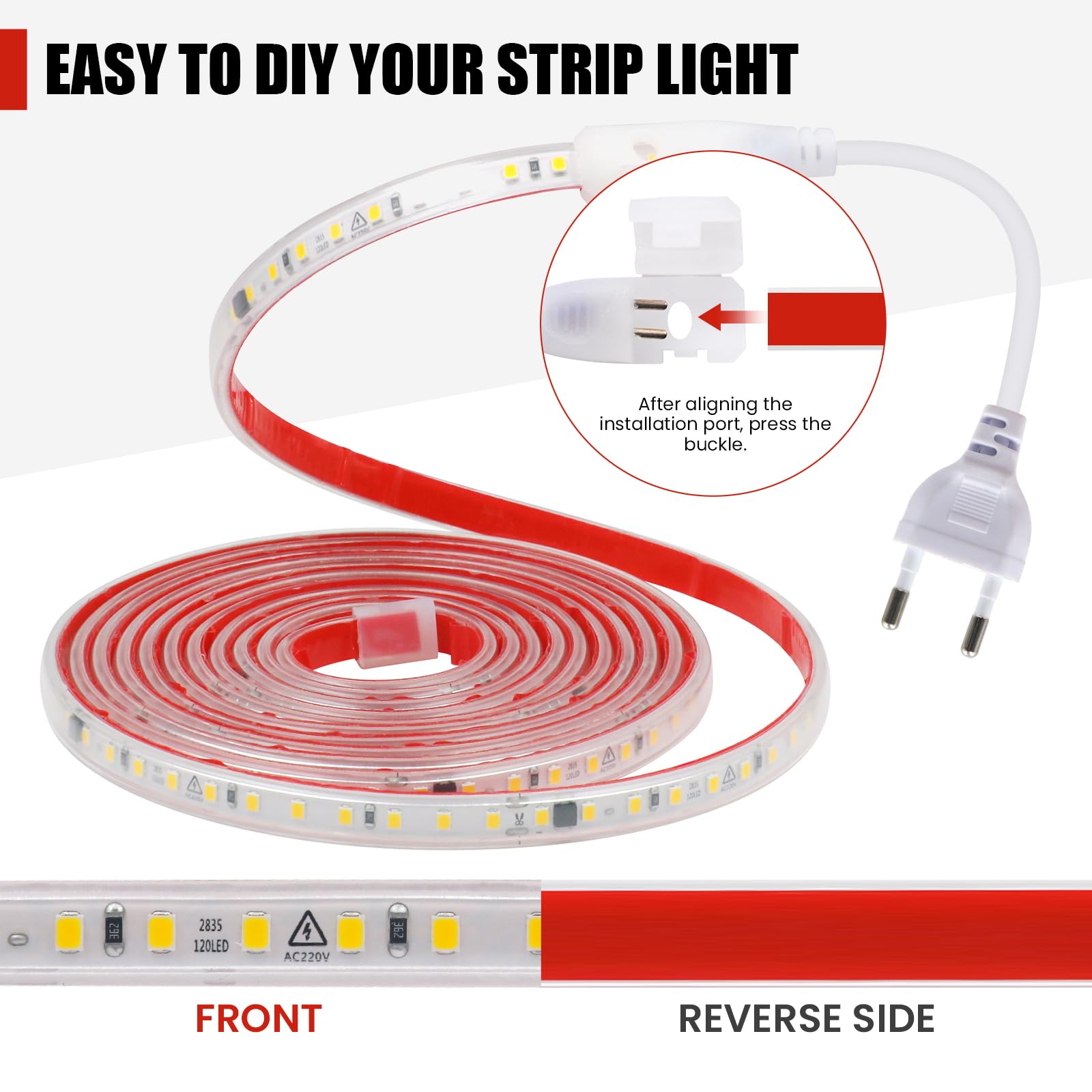 Conexión a AC220-240V Tira de LED,120LEDs/m SMD2835 Flexible Superbright Tira de luz LED cadena de luz de cuerda Autoadhesiva con enchufe para Navidad（5m, Blanco Natural）
