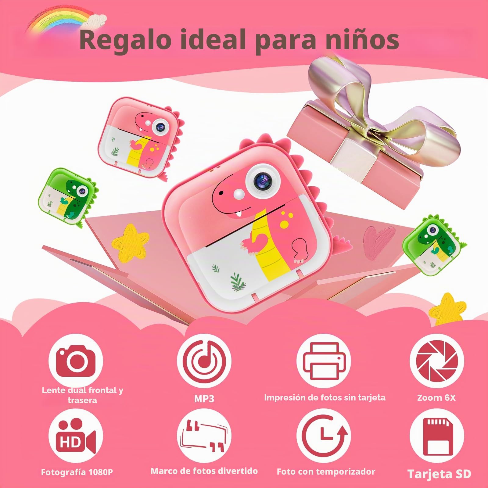 TOYOGO Cámara Instantánea para Niños, Cámara de Impresión Digital, Pantalla 2.4 Pulgadas, Video 1080P & 12 MP Doble Lente, 32G, 5 Rollos de Papel, Regalo para Cumpleaños y Navidad
