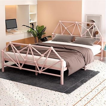 High Tail Iron Bed Frame Queen/King Size, Metal Platform Bed with Geometric Headboard, Reinforced Slat Support, Noise-Free Sturdy Frame for AdultsPink,150x200cm