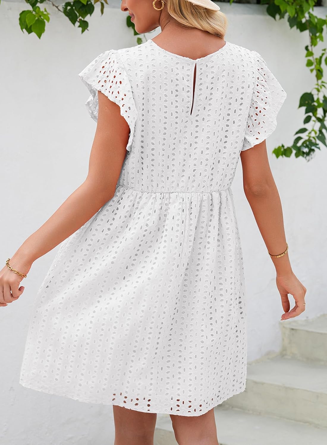 Dokotoo Womens Summer Dresses V Neck Ruffle Sleeve Cut-Out Embroidery Eyelet Lace Dress - Image 2