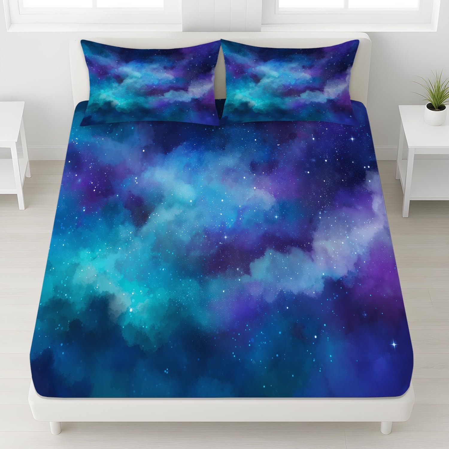Traumhaft Sternenhimmel Spannbetttuch Fantasie Kosmos Galaxie Nebel Spannbettlaken 200 x 200 x 30 cm 3teilig Mikrofaser Bettwäsche Set mit 2 Kissenbezüge 80 x 80 cm Kein Flachbettlaken