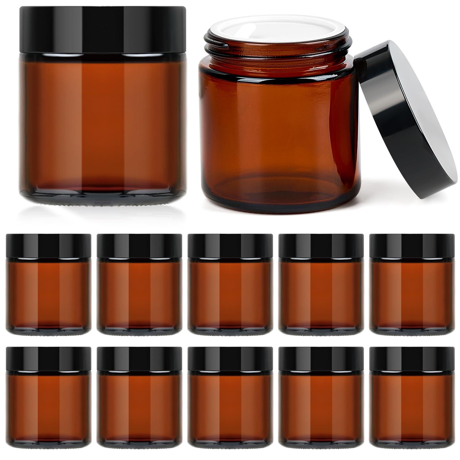 Qeirudu 4 Oz Small Amber Glass Jars with Black Lids, 12 Pack Airtight Cosmetic Jars with Inner Liners Round Empty Sample Containers for Lotions,