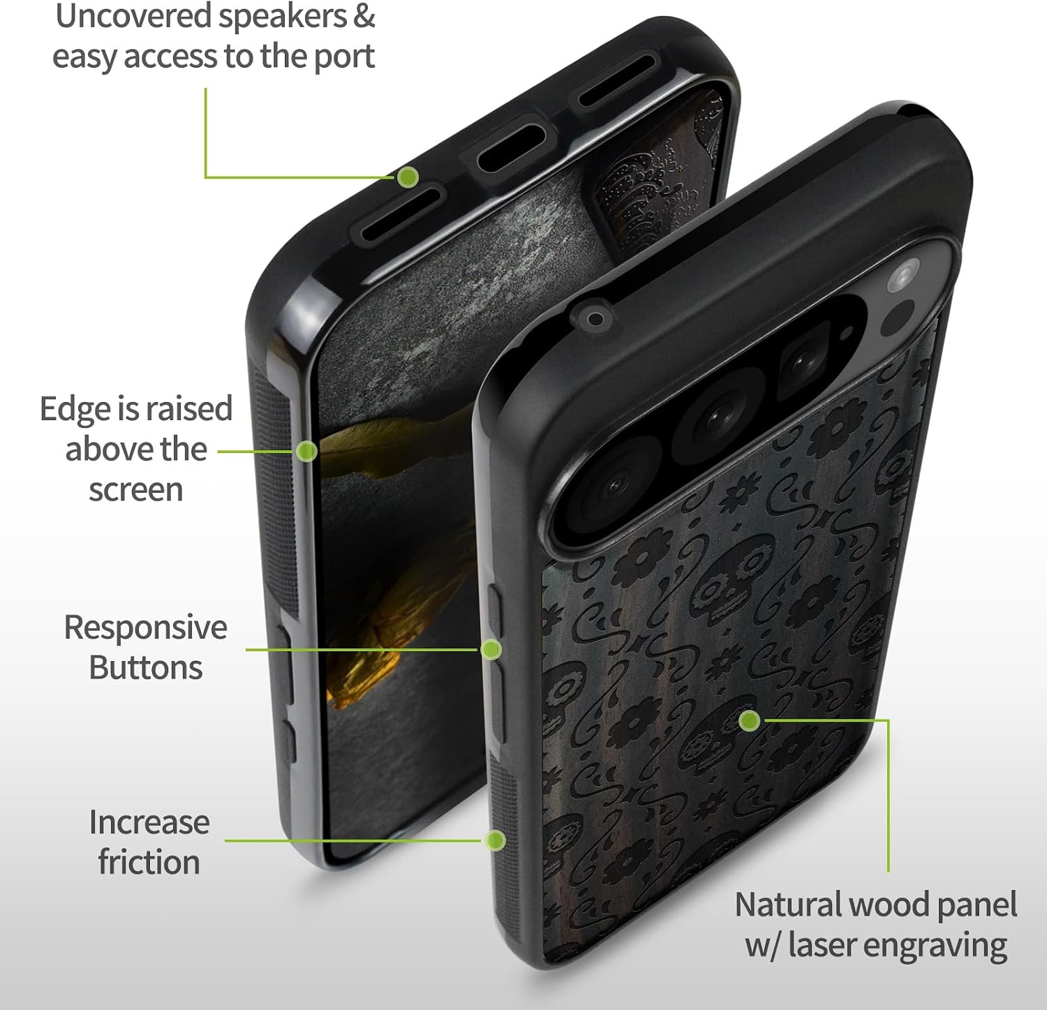Carveit Magnetic Wooden Case for Google Pixel 10 Pro XL Case, Wood Artisan Engraved & Soft TPU Shockproof Cover, Compatible with MagSafe Wireless Chargers (Sugar Skull Bloom) Blackwood