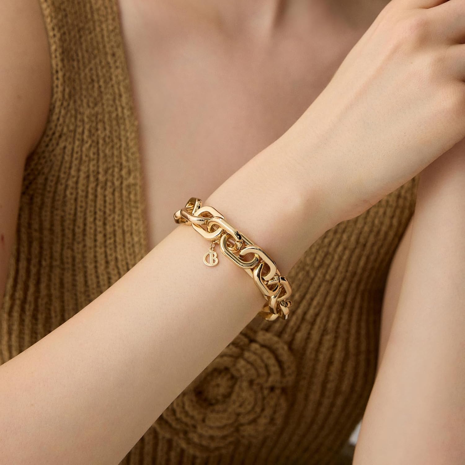 COBI Chunky Bracelets for Women, Paperclip Bracelets, Coffee Bean Chunky Link Bracelet, 18K Gold & Sterling Silver Plated, Stackable Thick Large Punk Jewelry 8/9 Inch