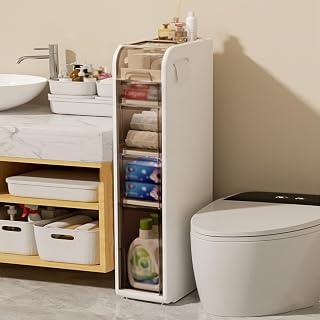 5 Tiers Slim Bathroom Storage Cabinet with 4 Drawers,Narrow Floor Cabinet with Toilet Paper Holder and Wheels,Movable Storage Organizer for Small Spaces