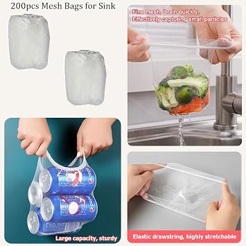 Kitchen Sink Strainer, Sink Strainer Basket&200pcs Large Size Mesh Bags | Sink Food Catcher with Drain Net Bags, Meshmate Waste Rack Trash Catcher for Garbage Leftovers