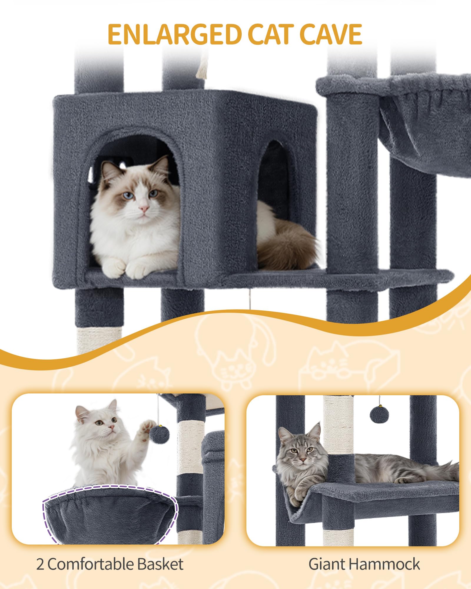 Hzuaneri Árbol para Gatos Grande, Torre para Gatos de Interior 213 cm con 2 Plataformas Grandes, 2 Cuevas, 2 Cestas, Hamaca y 5 Postes Rascadores, para Todas Las Razas, Gris Oscuro, MS21318SG