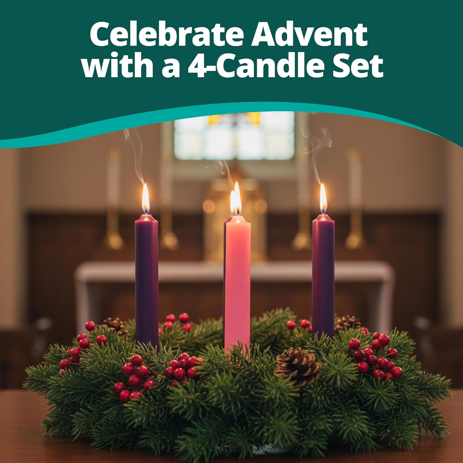 Concordia Supply Advent Pillar Candles 12" x 1.5", Stearin Wax Candlesticks for Religious Activity, Clean Burn Candles, Decorative Candle Sticks for Celebration & Occasion, 3 Purple, 1 Rose