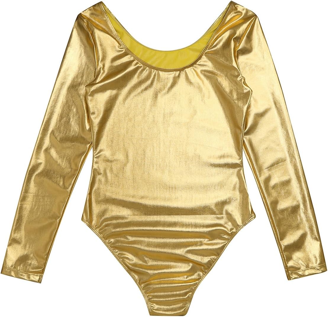 Women's Shiny Metallic Leotards Long Sleeve Dance Gymnastics Leotard Bodysuit Costume