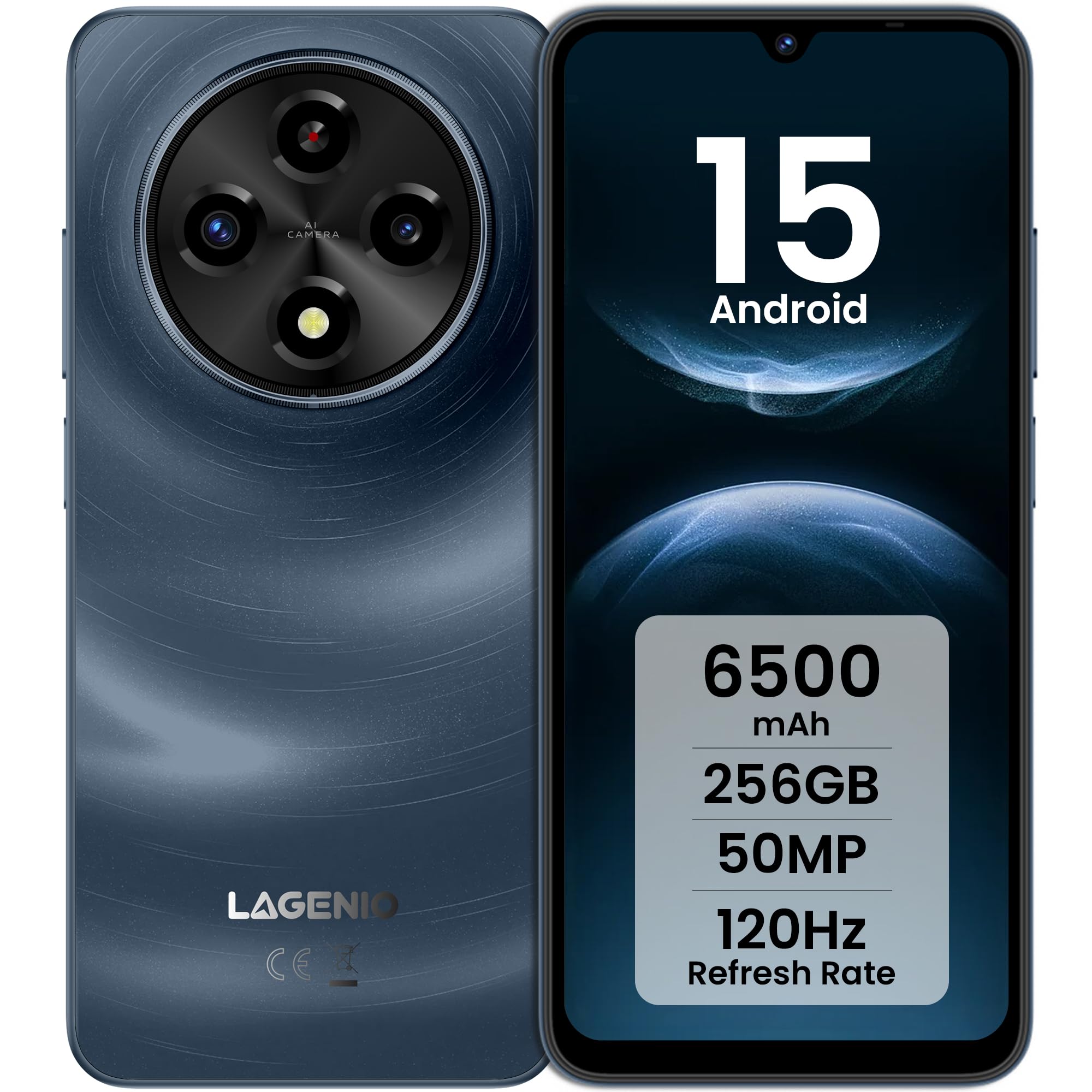 LAGENIO Telefono Cellulare A12 Pro, Smartphone Android 15, 24GB+256GB /TF 1TB, 6.9" HD+Schermo/120Hz Mobile Phone, 50MP +8MP Fotocamera, 6500mAh Batterie, 4G Dual SIM/Widevine L1/Face Unlock