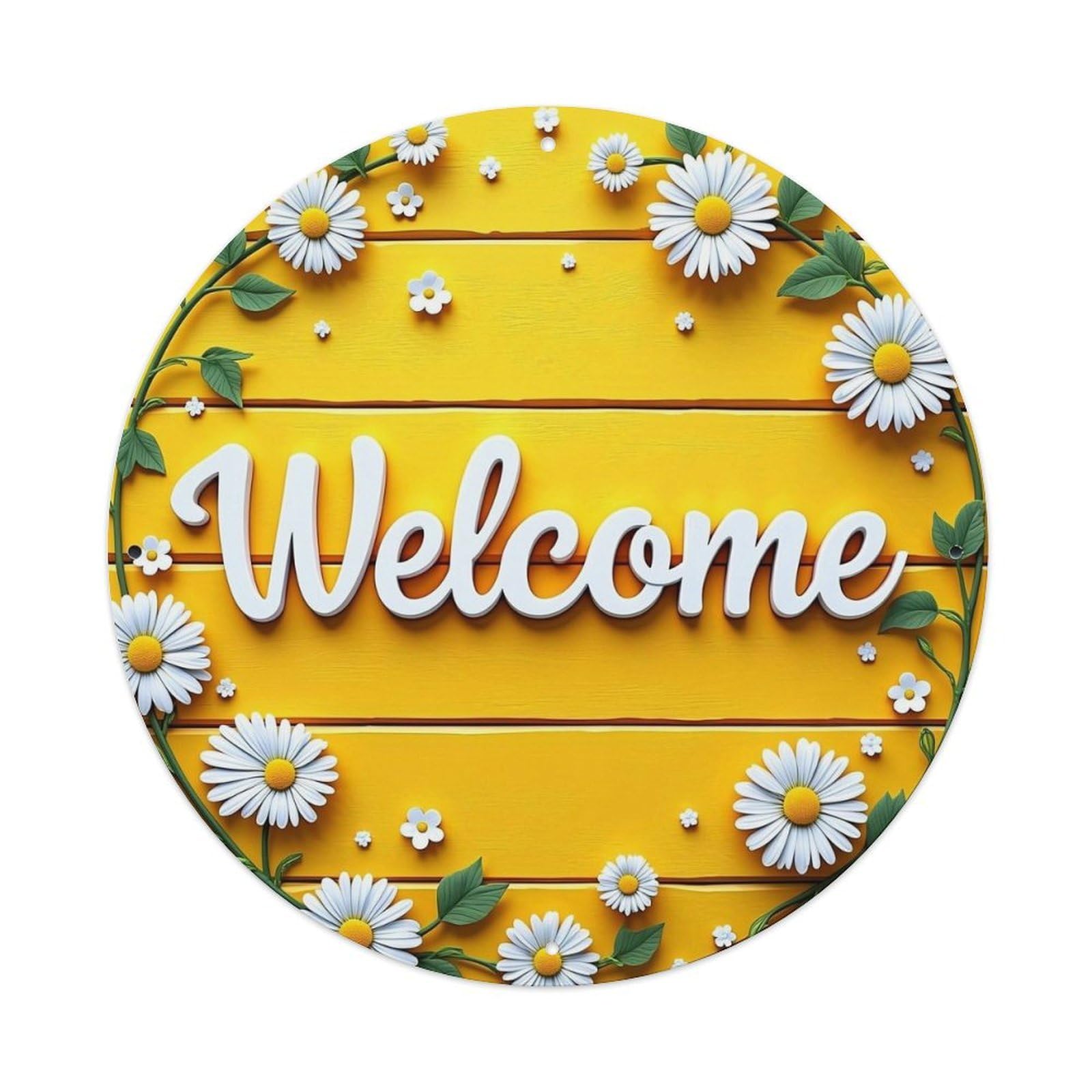 Welcome Daisy Floral Pattern Round Tin Sign Vintage Metal Sign Home Bar Garden Indoor & Outdoor Wall Decor Retro Metal Poster 8x8 Inch