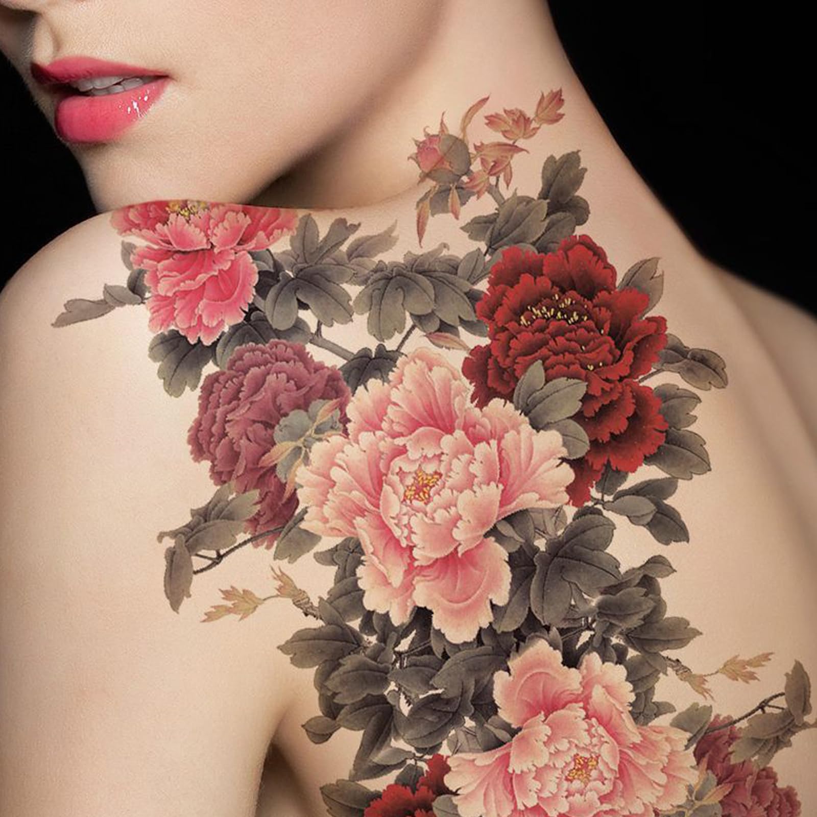 Nirbffo Large Half Back Temporary Tattoo Butterfly Rose Peony Red Flower for Women Body Art Fake Waterproof Tattoo Belly Leg 4 Sheets - Image 2