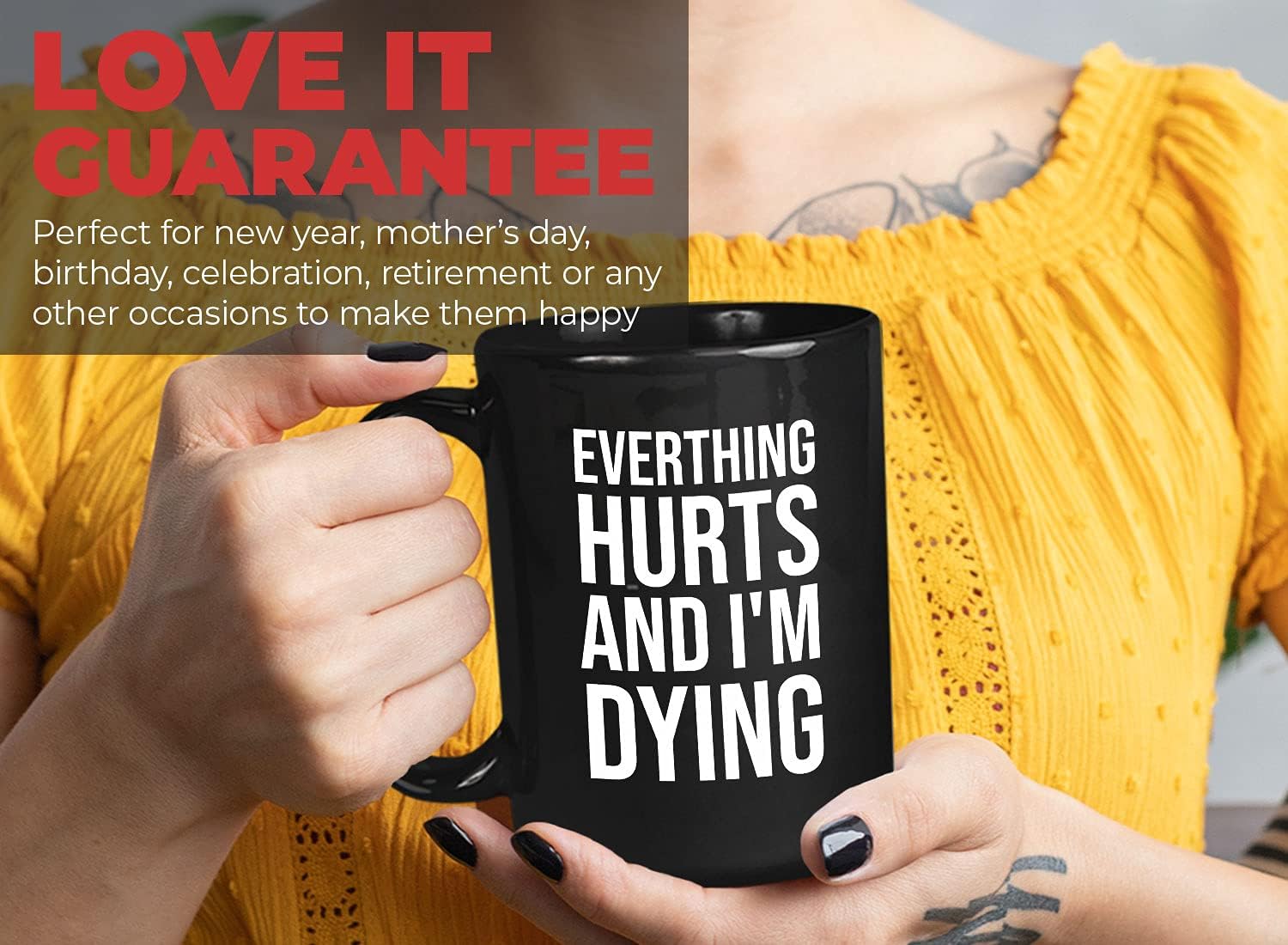 Bubble Hugs Witty Sarcasm Coffee Mug 15oz Black - Everything Hurts And I'M Dying - Sarcasm Parenting Witty Parent Adult Banter Word Sentimental Humor Funny