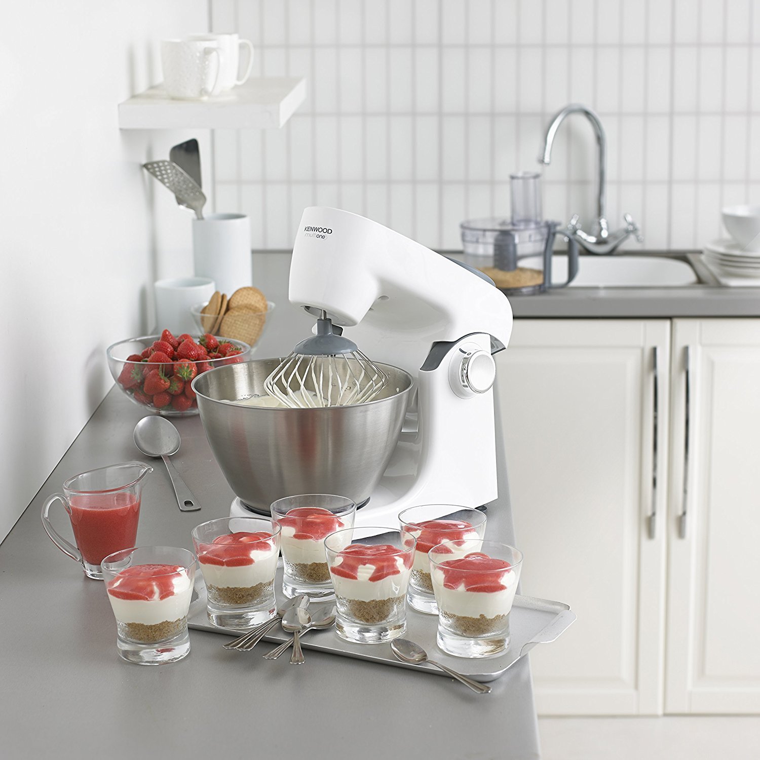 Kenwood KHH326 - Robot de Cocina Multifunción 1000W, 4,3L, Mezcla, Bate, Amasa, Batidora de Vaso 1.5L, Procesador Alimentos 1.4L, 3 Discos, Exprimidor, Picadora, Licuadora, Plata/Blanco
