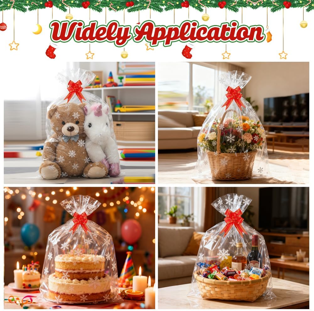 Large Christmas Snowflake Cellophane Bags, 15 Pcs Christmas Gift Bags, 20x28 Inch Plastic Cellophane Bags for Gift Baskets, Clear Gift Basket Bag Wrapp with Pull Bows for Xmas Holiday Party Supplies - Image 7