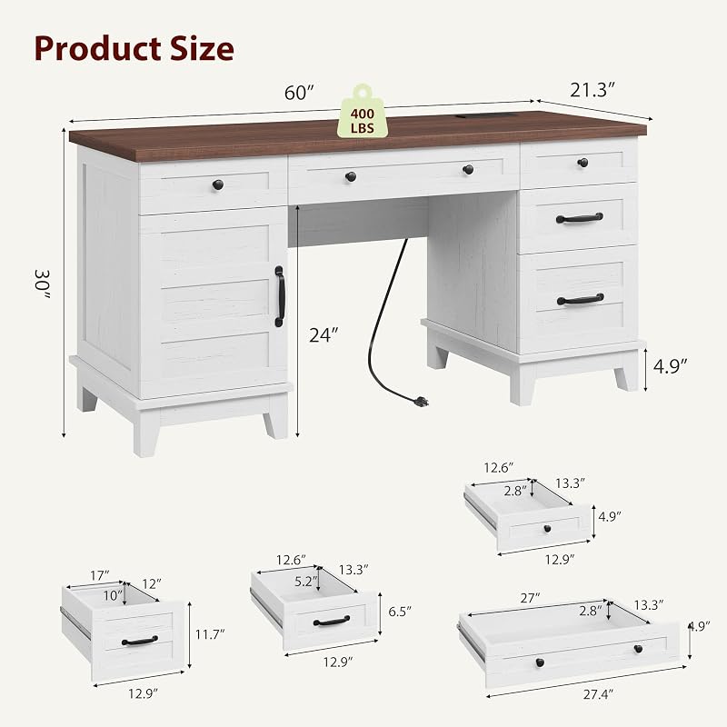 GarveeHome Executive Desk with File Drawers, Farmhouse Home Office Desk with Charging Station, 60 in Wooden Computer Desk with Cabinet Storage for Work Study Writing, White Walunt image 2