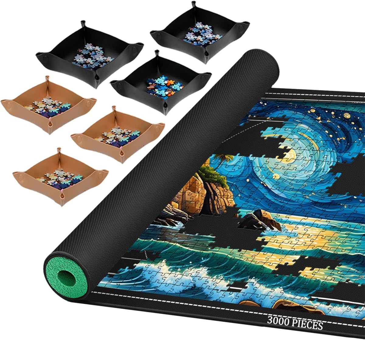 Jigsaw Puzzle Mat Roll Up, Portable Saver Pad 53 x 35 Up to 3000 Pieces, Puzzle Matt Rollup with Non-Slip Rubber Bottom & Smooth Top. (6 Sorting Trays & 1 Storage Bag)