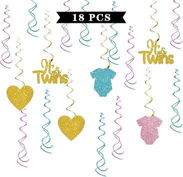 Maicaiffe Its Twins Hanging Swirl Decorations - Glitter 18 Pcs Twins Baby Shower Party Supplies - Twins First Birthday Streamers - We are One Babies Birthday Party Foil Swirls Ceiling Decorations