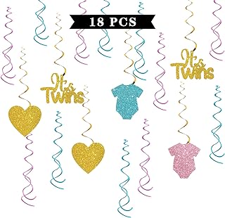 Maicaiffe It's Twins Hanging Swirl Decorations - Glitter 18 Pcs Twins Baby Shower Party Supplies - Twins First Birthday Streamers - We are One Babies Birthday Party Foil Swirls Ceiling Decorations
