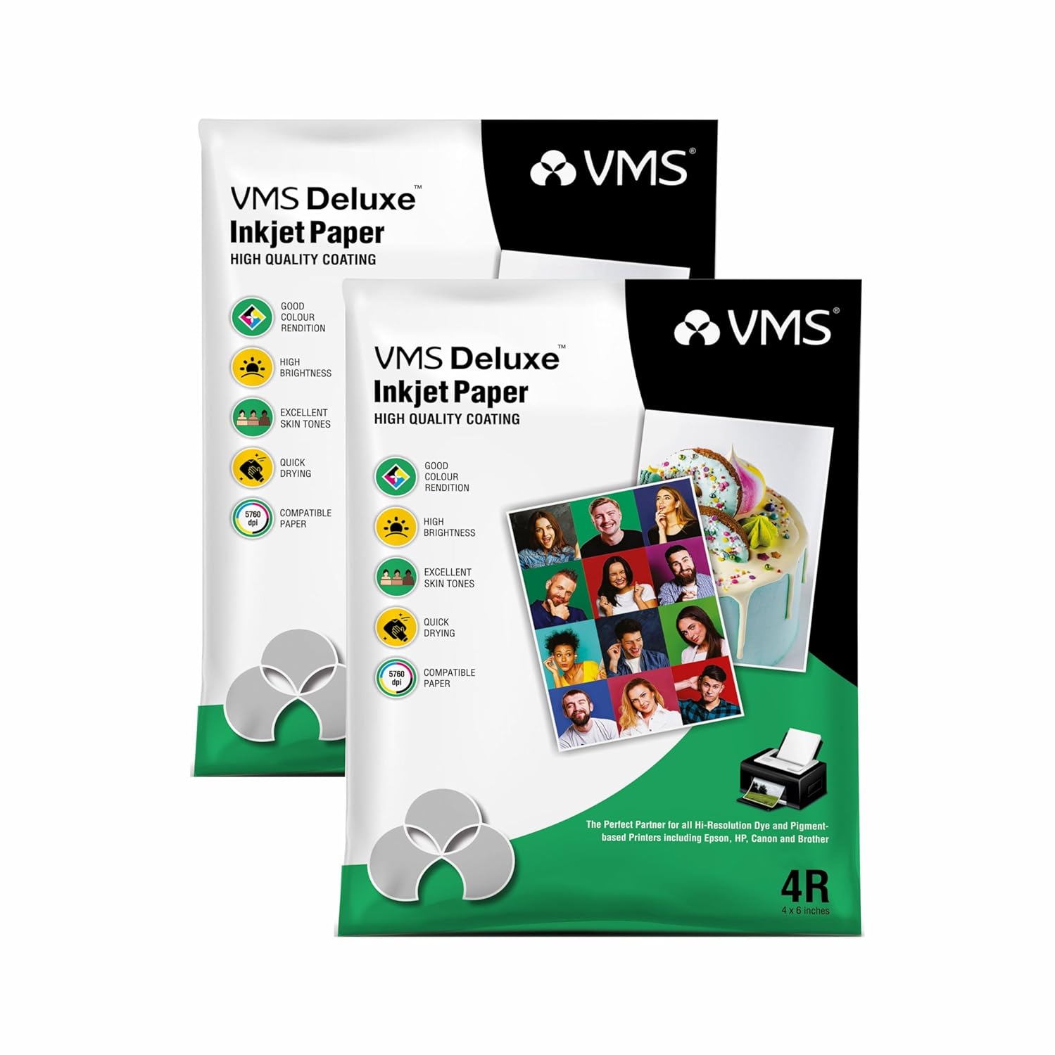 VMS Deluxe 180 GSM 4R (4×6) Glossy Photo Paper – Water Resistant, Pack of 2 x 100 sheets, Compatible with all Inkjet Printers