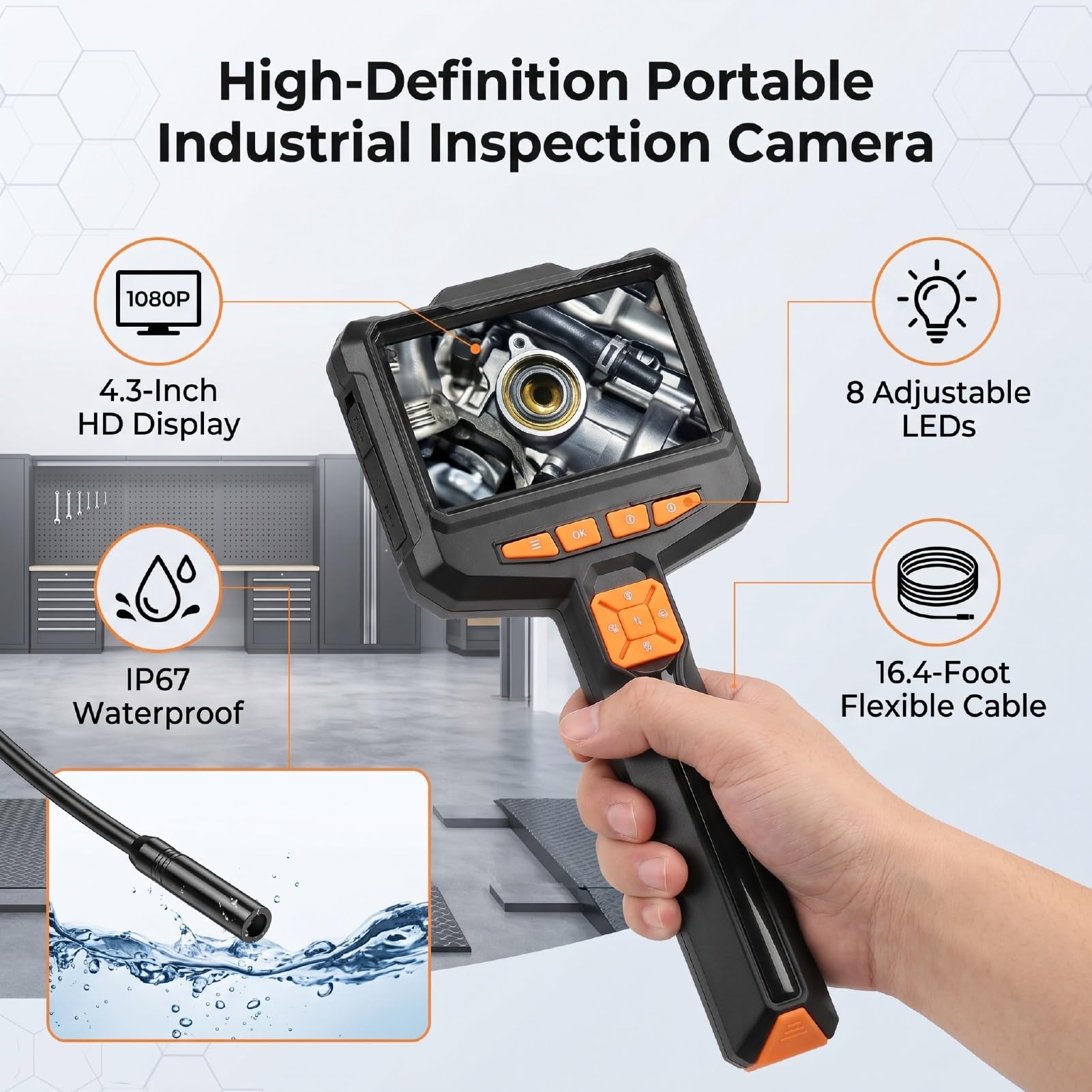 Bewinner Kamera Boroskopowa HD 1080P z Ekranem 4,3 Cala, Wodoodporna Kamera Inspekcyjna do Endoskopu IP67, Półkabel 16,4FT, 8 Diod LED, Ręczny Luneta do Instalacji Hydraulicznych w