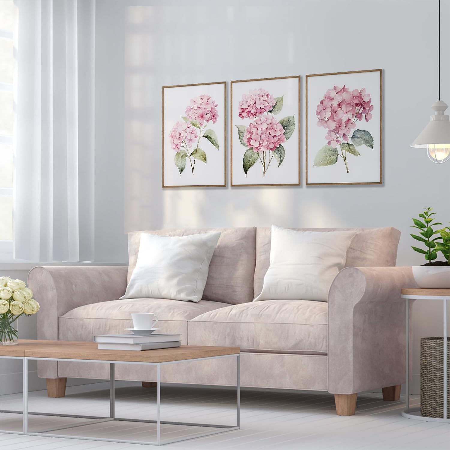YJYCLD Pink Watercolor Hydrangea Wall Art Prints Botanical Floral Wall Decor Art Set of 3 Pink Flower Posters Pictures Canvas Wall Art Paintings for Living Room Bedroom Decor 12x16 inch Unframed