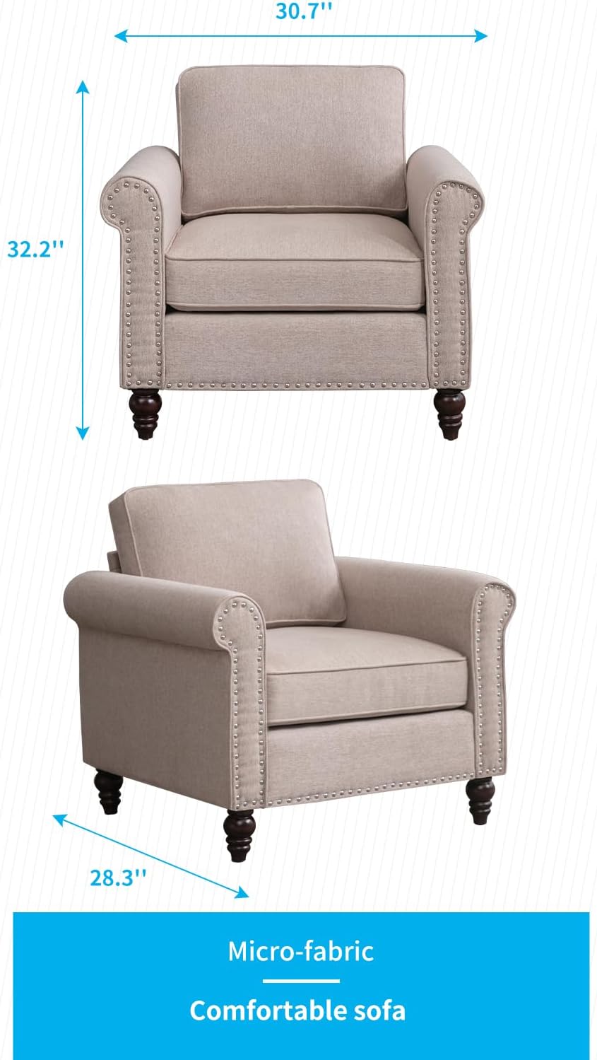 Mjkone Sofa, Mid-Century Armchair, Modern Living Room Single Chairs, Upholstered Small Sofas for Living Room, Single Sofa for Bedroom Office with Riveted Accent& Wood Legs - Beige