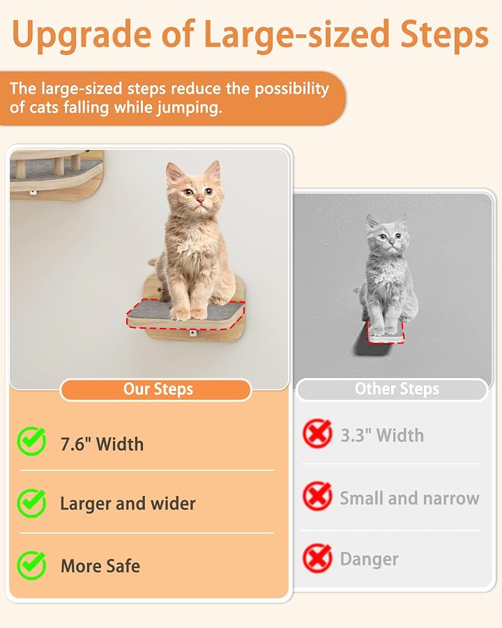 Megidok Corner Cat Climbing Shelf Perches Set Furniture, Cat Bed Wall Mounted Shelves with Soft Felt Pads and 3 Steps, Modern Floating Stairs for Wall Indoor Up to 10KG-Wood Color